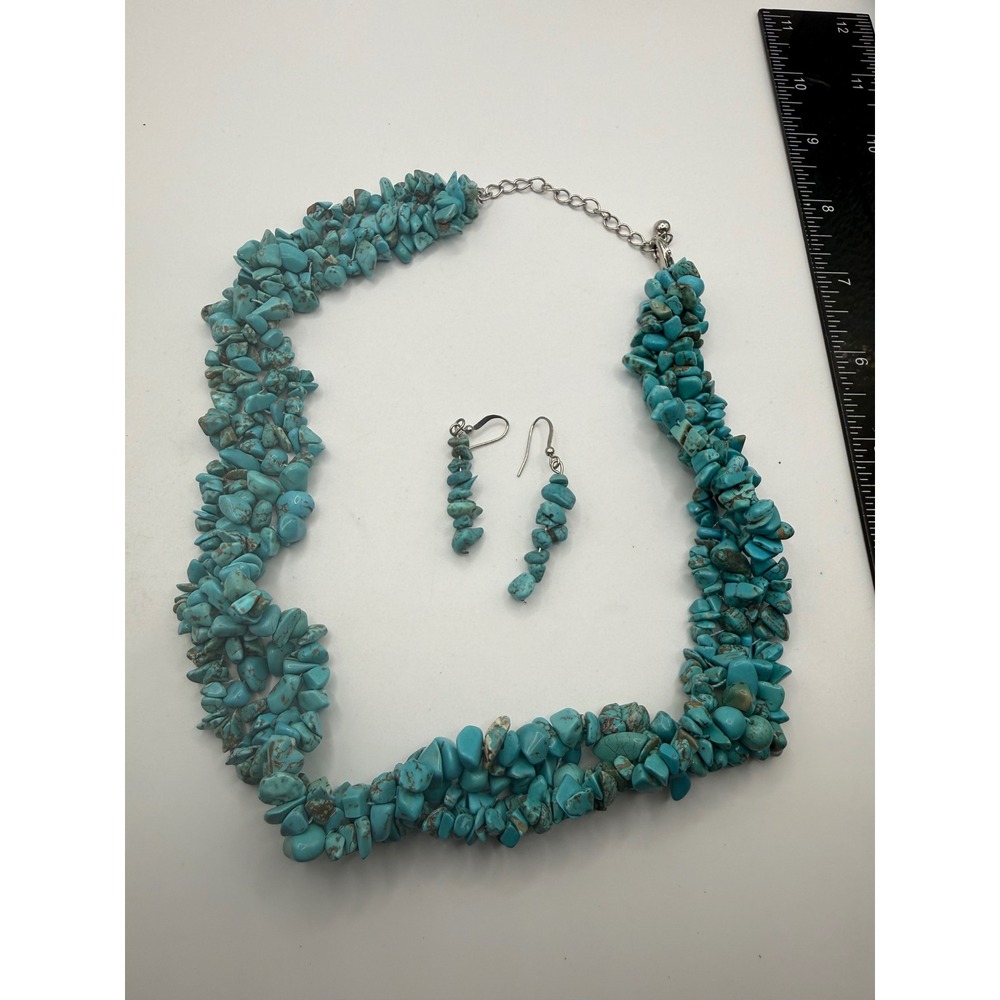 Turquoise Chip Multi Strand Statement Necklace and Earring Set Southwestern Blue